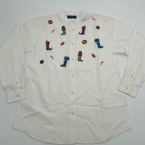 Karen Scott Christmas Top Wm Small Emboidered Button Up Shirt Stockings Ornament